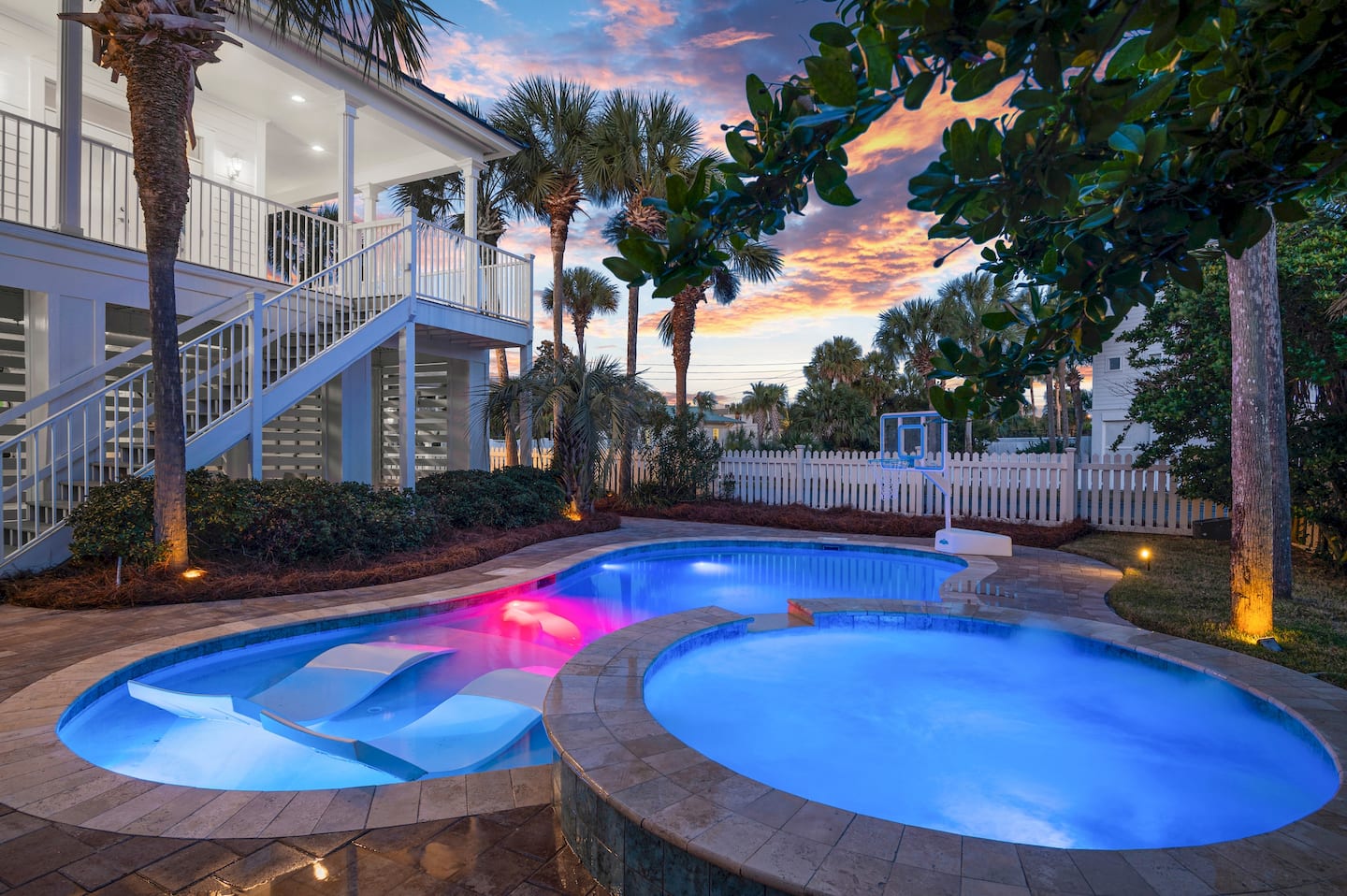 Private heated pool and hot tub at sunset